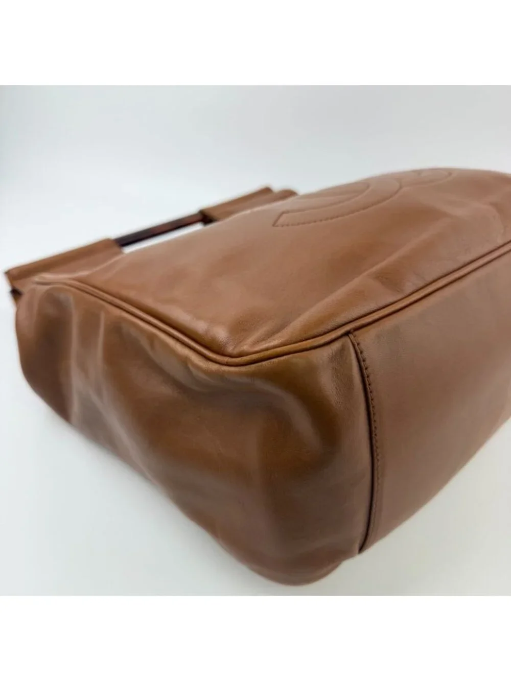 Chanel CC Logo Cutout Handle Handbag Leather Brown Seal Vintage